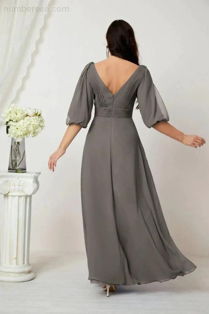 Numbersea  Formal Prom Gown Women V-Neck Chiffon Bridesmaid Dresses Long Bishop Sleeve Party Dress 2807