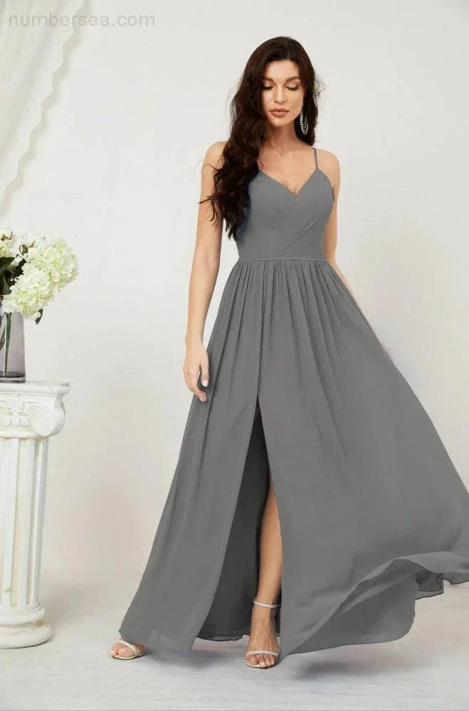 Numbersea  Neck Bridesmaid Dresses Chiffon Long Spaghetti A-line Formal Prom Gown for Wedding Party Evening 2801