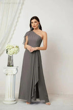 Numbersea  Chiffon Ruffled One Shoulder Long Bridesmaid Dresses A-line Formal Evening Gown Side Split 2809