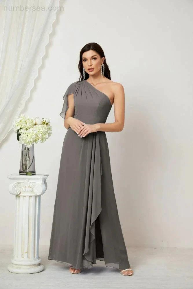 Numbersea  Chiffon Ruffled One Shoulder Long Bridesmaid Dresses A-line Formal Evening Gown Side Split 2809