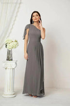 Numbersea  Chiffon Ruffled One Shoulder Long Bridesmaid Dresses A-line Formal Evening Gown Side Split 2809