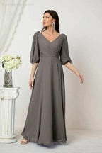 Numbersea  Formal Prom Gown Women V-Neck Chiffon Bridesmaid Dresses Long Bishop Sleeve Party Dress 2807