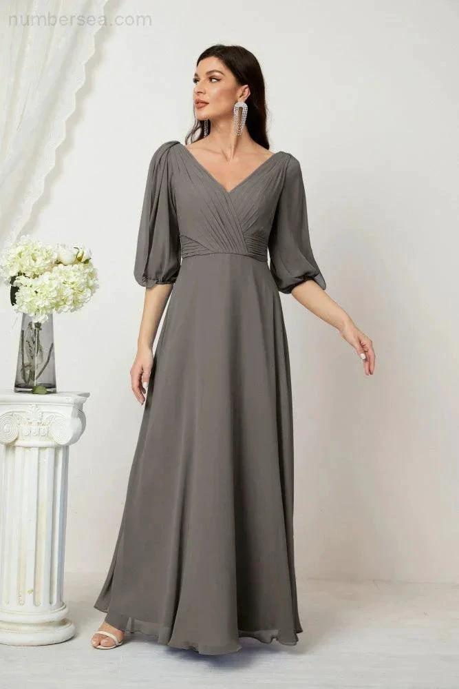 Numbersea  Formal Prom Gown Women V-Neck Chiffon Bridesmaid Dresses Long Bishop Sleeve Party Dress 2807