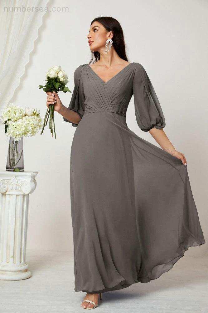 Numbersea  Formal Prom Gown Women V-Neck Chiffon Bridesmaid Dresses Long Bishop Sleeve Party Dress 2807