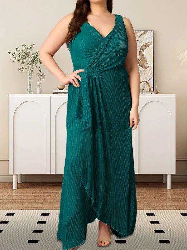 A-Line V-Neck Ruched Metallic Mesh Dress
