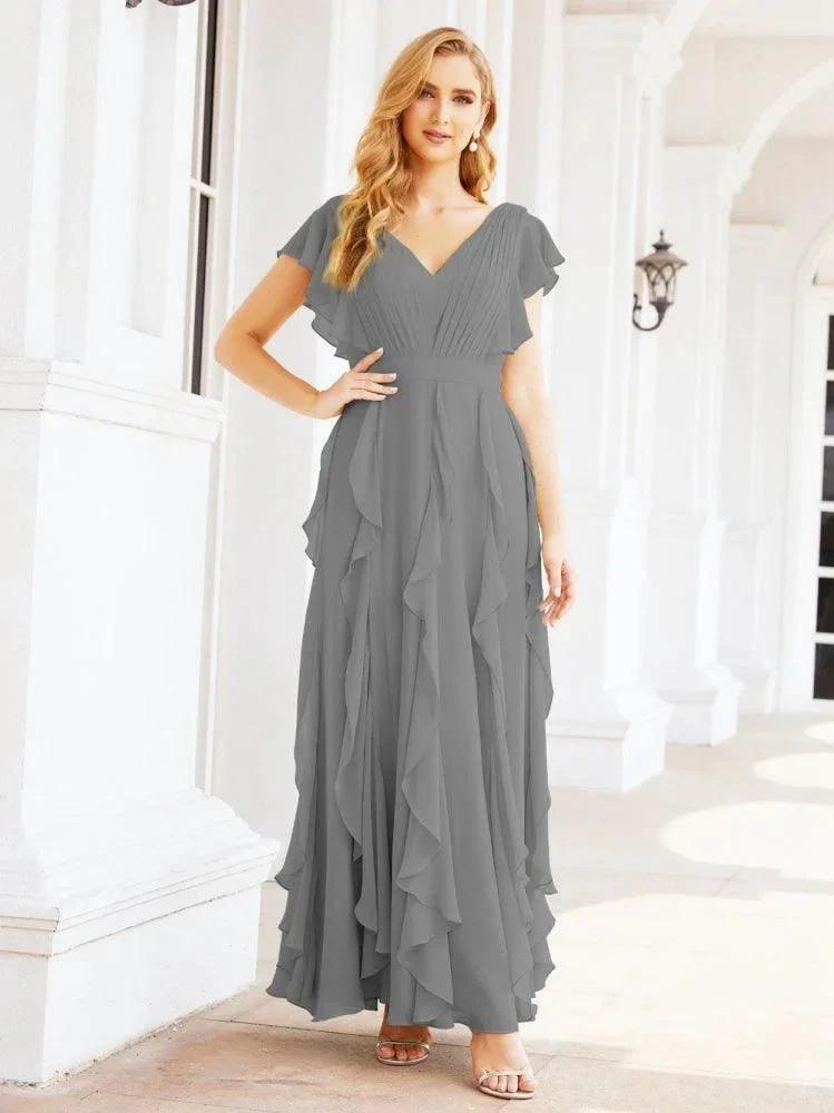 Ruffled Bridesmaid Dresses with Sleeves Long Formal Party Dress 28041