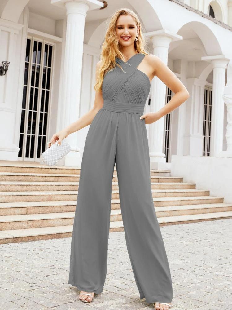 Numbersea Crisscross Neck Jumpsuit Formal Evening Dress Long Bridesmaid Dresses Bell-bottomed Pants 28033