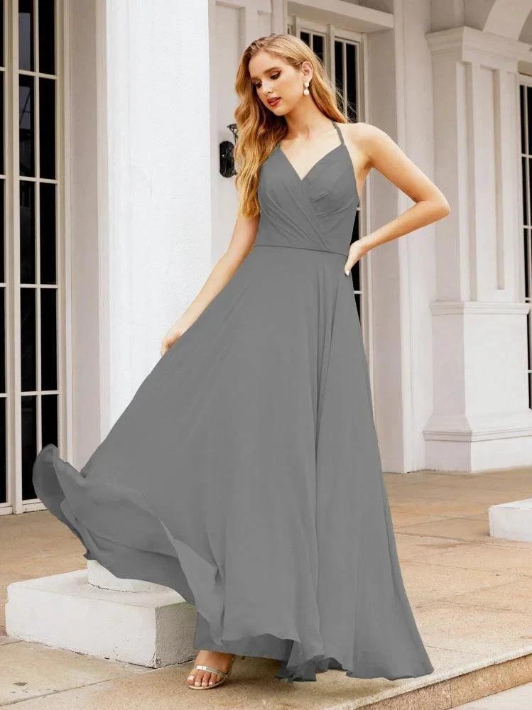 Numbersea Halter Chiffon Bridesmaid Dresses Wedding Appare Sleeveless Formal Prom Dress with Ruffled Back 28035