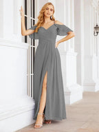 Numbersea Cold Shoulder Long Bridesmaid Dresses Side Slit Formal Prom Gowns Party Wedding 28070