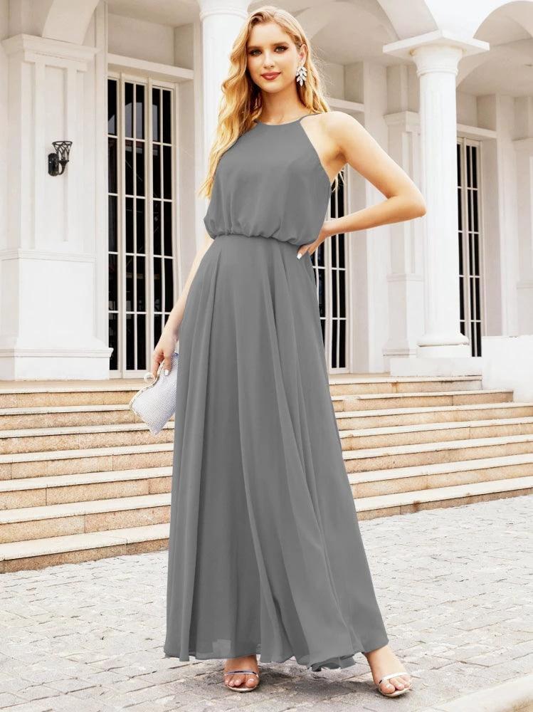 Numbersea  Halter Long Bridesmaid Dresses Formal A line Juniors Dress 28029