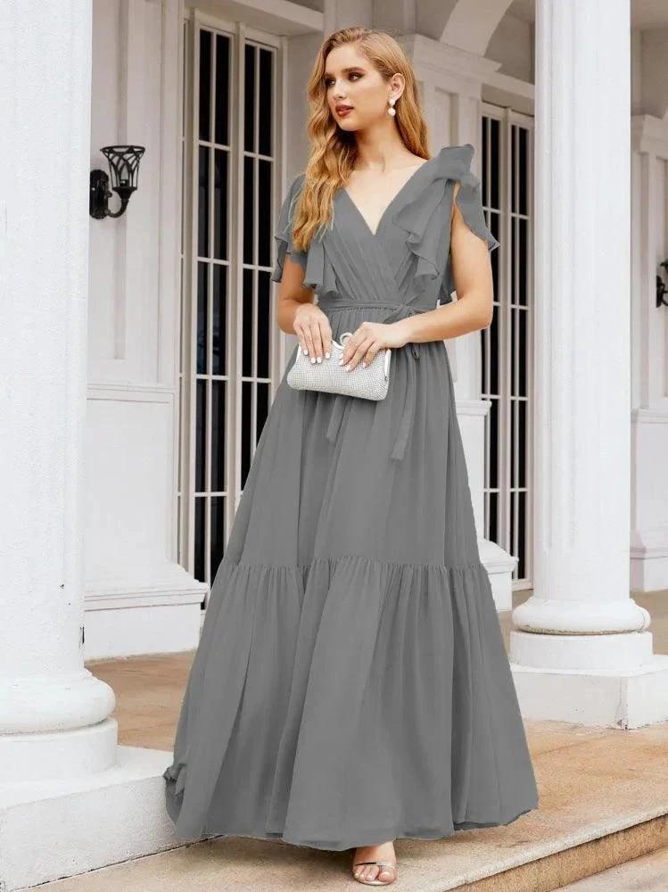 Numbersea Women's Open Back Formal Evening Party Prom Gowns V-Neck Long Chiffon Bridesmaid Dresses with Waist Belt 28038