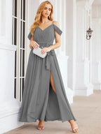 Numbersea Off The Shoulder Chiffon Bridesmaid Dress Long Formal Graduation Gown with Cowl Back 28069