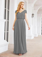 Numbersea V-Neck Bridesmaid Dresses Long Cap Sleeves Prom Evening Formal Gowns 28071