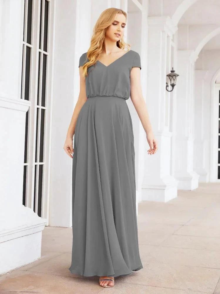 Numbersea V-Neck Bridesmaid Dresses Long Cap Sleeves Prom Evening Formal Gowns 28071