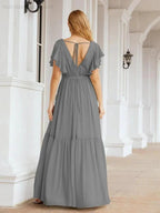 Numbersea Women's Open Back Formal Evening Party Prom Gowns V-Neck Long Chiffon Bridesmaid Dresses with Waist Belt 28038