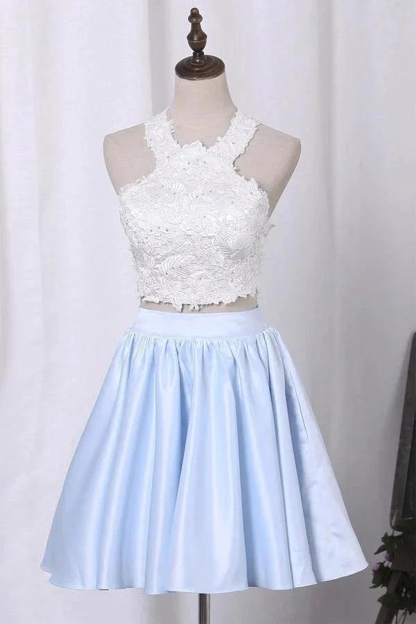 Two-Piece Scoop Homecoming Dresses A Line Satin With Applique PD411