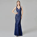Silver Gray Elegant Fashion Evening Dresses Sexy Simple V Collar Open Back Sleeveless Embroidered Beads Fishtail Dress Gown SYP191