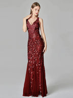 Silver Gray Elegant Fashion Evening Dresses Sexy Simple V Collar Open Back Sleeveless Embroidered Beads Fishtail Dress Gown SYP191