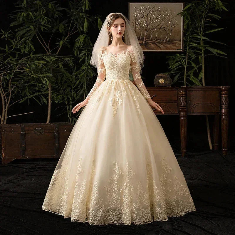 Wedding Dresses Muslim Champagne Full Sleeve Lace Bridal New Luxury Ball Gown Wedding Dress Vestido De Noiva