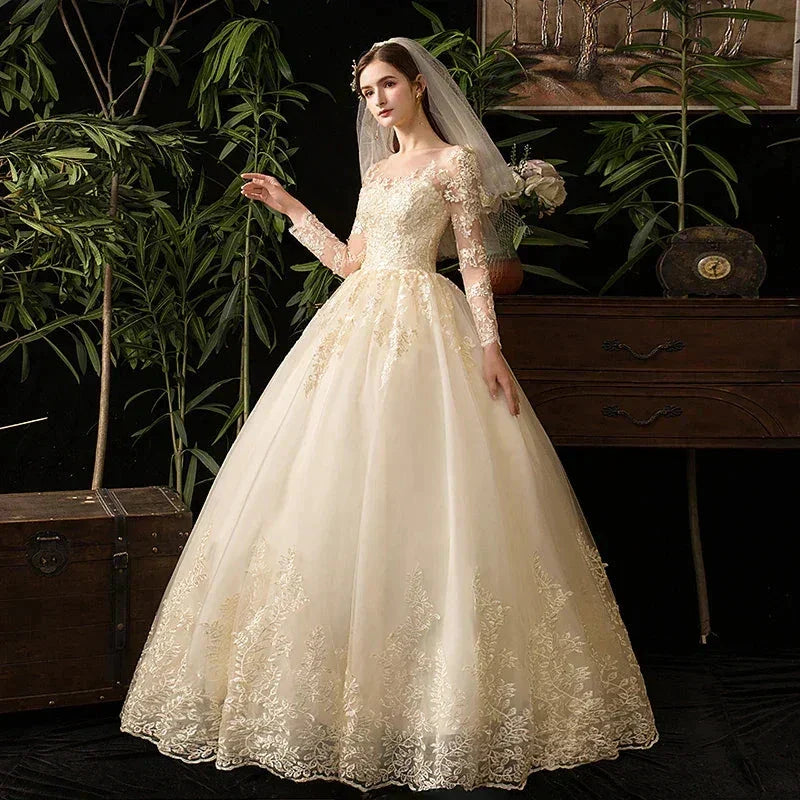 Wedding Dresses Muslim Champagne Full Sleeve Lace Bridal New Luxury Ball Gown Wedding Dress Vestido De Noiva