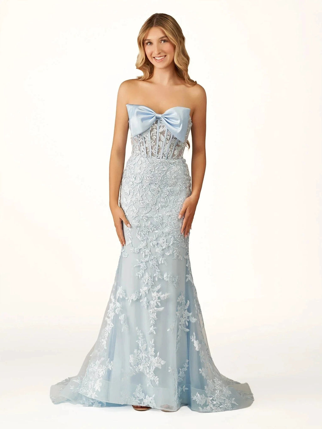 Arvin | Strapless Red Mermaid Lace Appliques Long Prom Dress with Bow