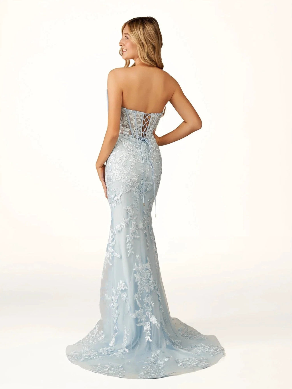 Arvin | Strapless Red Mermaid Lace Appliques Long Prom Dress with Bow