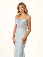 Arvin | Strapless Red Mermaid Lace Appliques Long Prom Dress with Bow
