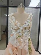 Elegant Tulle A-line V-neck Floral Lace Prom Dresses Formal Evening Party Gown