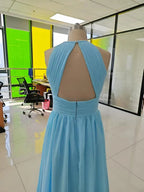 Chiffon Floor Length Prom Dresses A-Line Halter Open Back Pleats