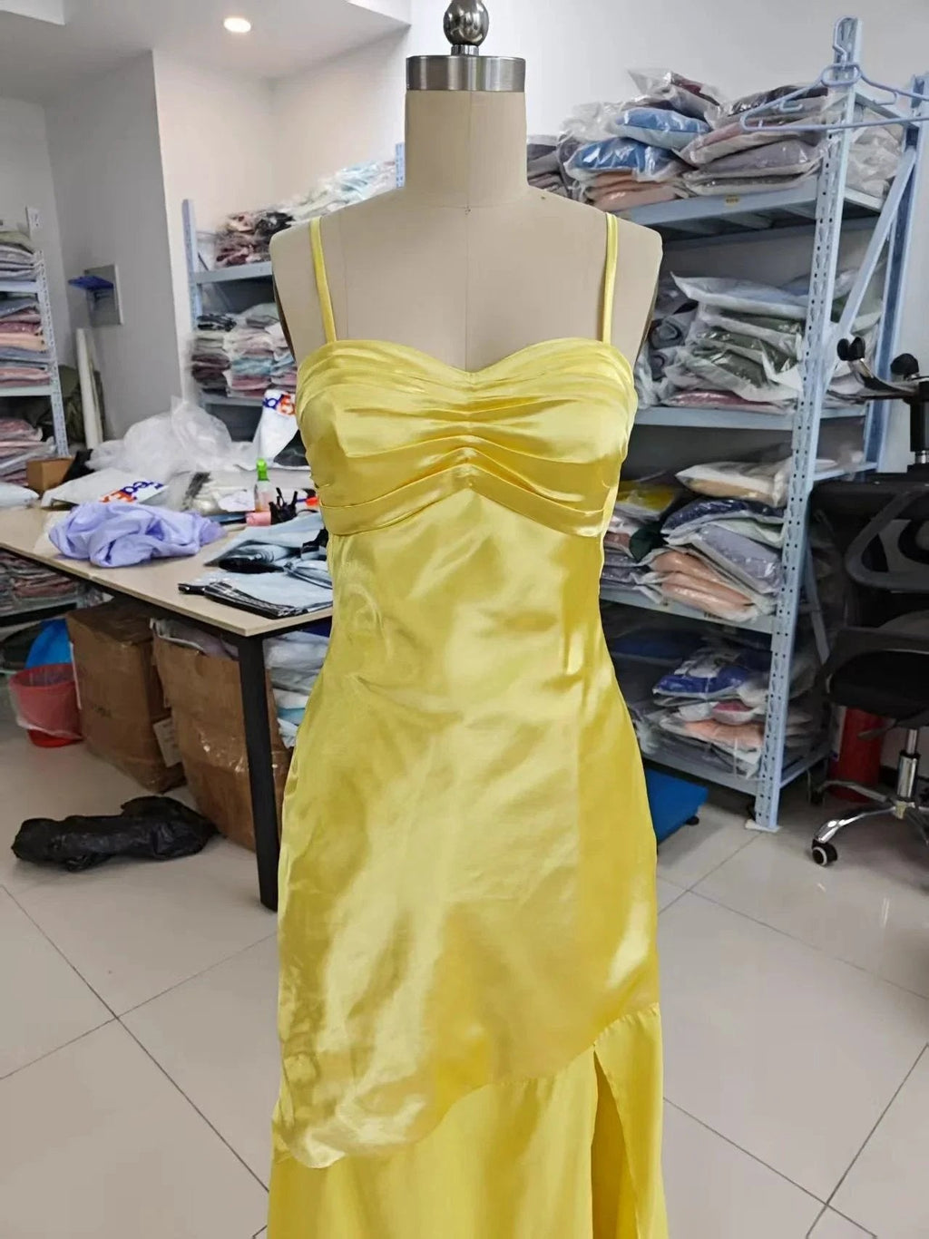 Spaghetti Strap Satin Prom Dresses Long A Line Pleated Corset Bridesmaid Formal Dress with Slit