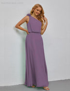 Ruffled One Shoulder Sleeveless Long Bridesmaid Dresses A-line Formal Evening Gown Side Split 28080