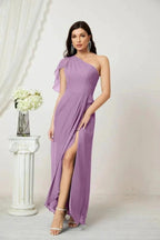 Numbersea  Chiffon Ruffled One Shoulder Long Bridesmaid Dresses A-line Formal Evening Gown Side Split 2809