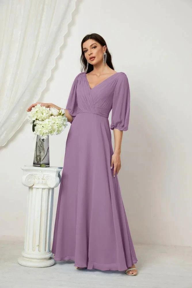 Numbersea  Formal Prom Gown Women V-Neck Chiffon Bridesmaid Dresses Long Bishop Sleeve Party Dress 2807