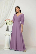 Numbersea  Formal Prom Gown Women V-Neck Chiffon Bridesmaid Dresses Long Bishop Sleeve Party Dress 2807