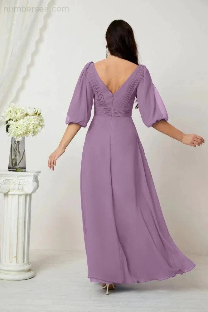 Numbersea  Formal Prom Gown Women V-Neck Chiffon Bridesmaid Dresses Long Bishop Sleeve Party Dress 2807