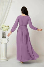 Sunnderly Evening Dresses Deep V-Neck Chiffon Bridesmaid Dresses Long Bishop Sleeve Side Split Formal Dress SY2806