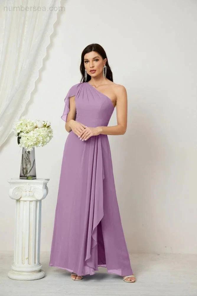 Numbersea  Chiffon Ruffled One Shoulder Long Bridesmaid Dresses A-line Formal Evening Gown Side Split 2809