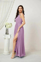 Numbersea Chiffon V-Neck Bridesmaid Dress Spaghetti Strap Long Formal Party Prom Gowns with Slit 28010