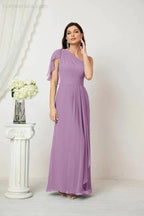 Numbersea  Chiffon Ruffled One Shoulder Long Bridesmaid Dresses A-line Formal Evening Gown Side Split 2809