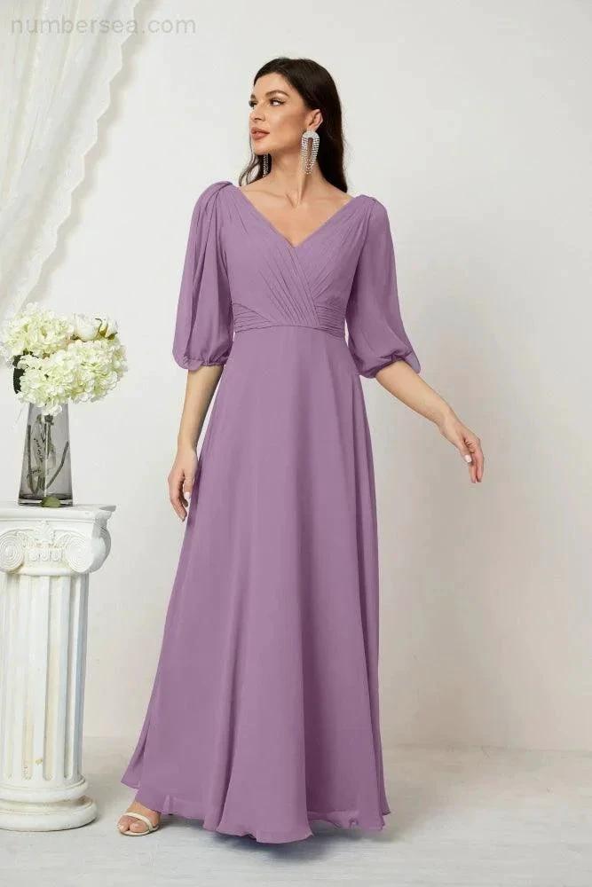 Numbersea  Formal Prom Gown Women V-Neck Chiffon Bridesmaid Dresses Long Bishop Sleeve Party Dress 2807