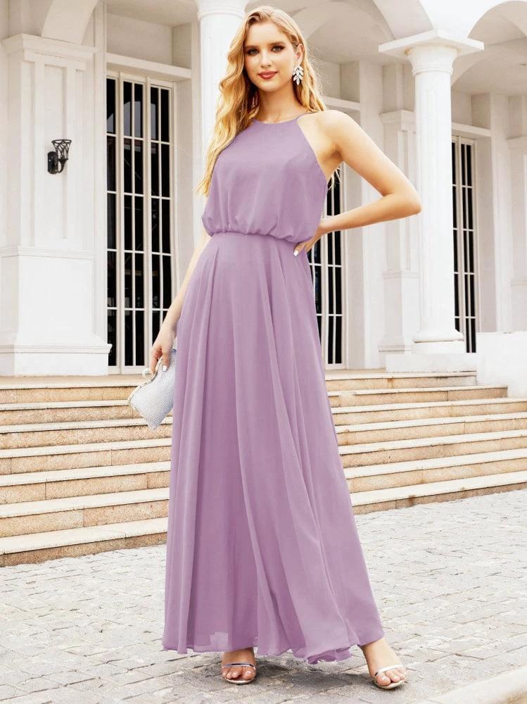 Numbersea  Halter Long Bridesmaid Dresses Formal A line Juniors Dress 28029