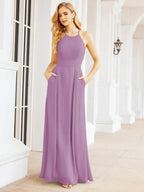 Numbersea Halter Bridesmaid Dresses with Pockets Sleeveless Formal Evening Party Prom Gowns  28055