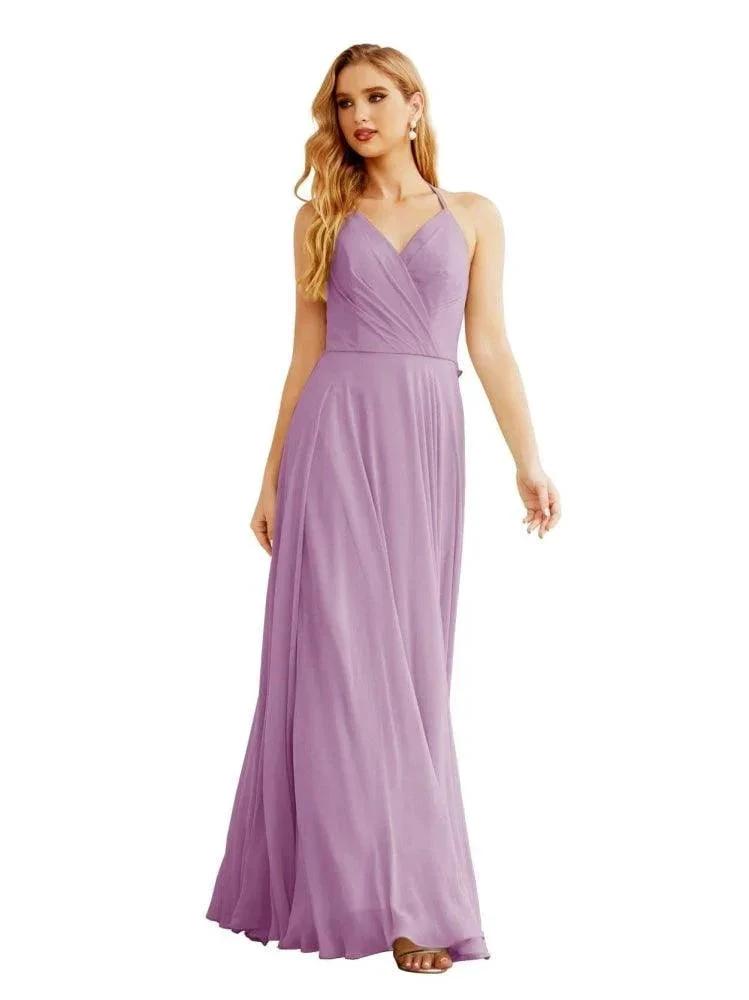 Women's Halter Chiffon Bridesmaid Dresses Wedding Apparel Long Sleeveless Formal Prom Dress with Ruffled Back SEA28035