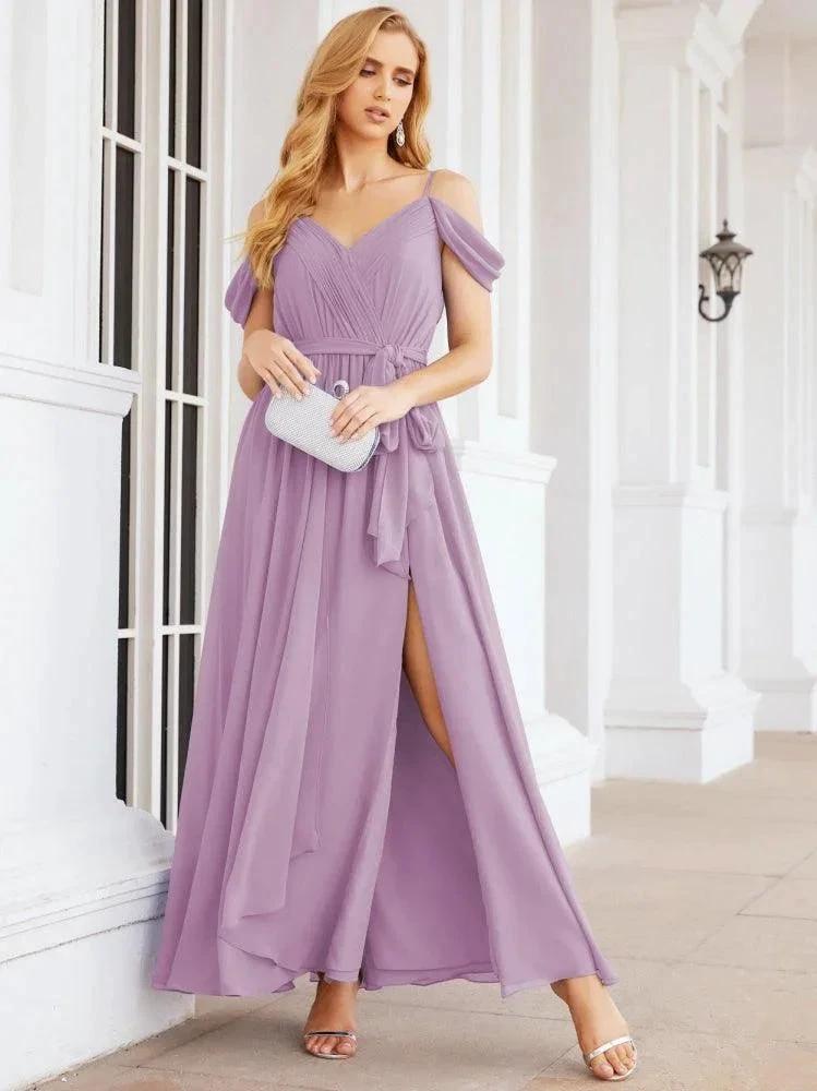 Numbersea Off The Shoulder Chiffon Bridesmaid Dress Long Formal Graduation Gown with Cowl Back 28069
