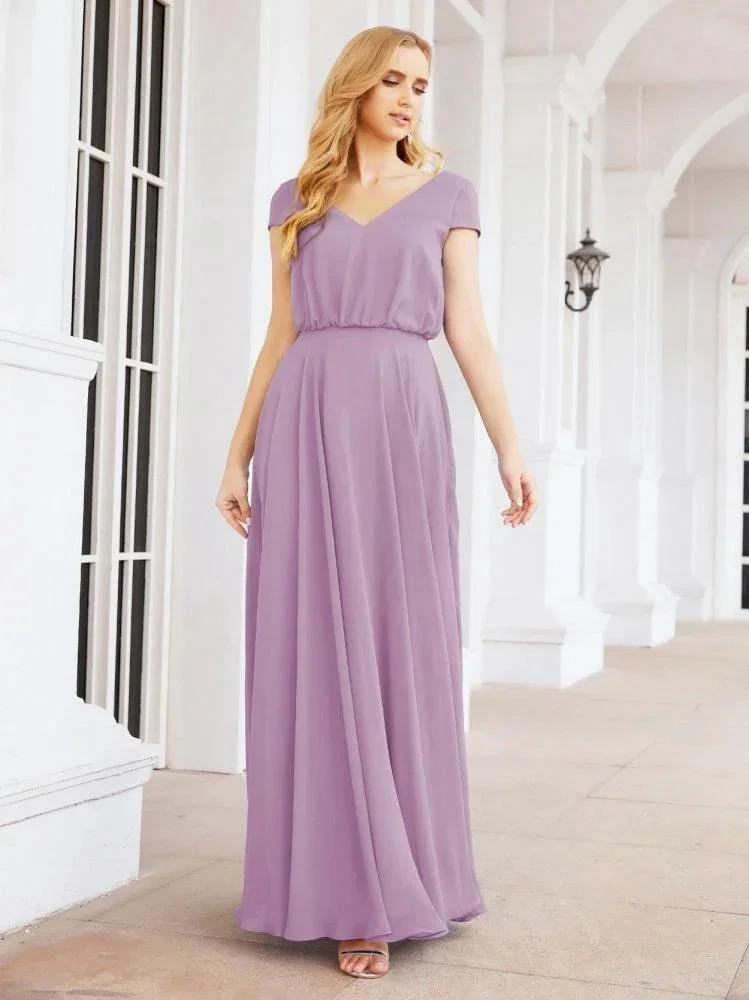 Numbersea V-Neck Bridesmaid Dresses Long Cap Sleeves Prom Evening Formal Gowns 28071