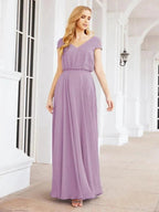 Numbersea V-Neck Bridesmaid Dresses Long Cap Sleeves Prom Evening Formal Gowns 28071