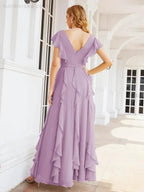 Ruffled Bridesmaid Dresses with Sleeves Long Formal Party Dress 28041