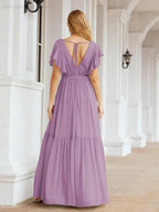 Numbersea Women's Open Back Formal Evening Party Prom Gowns V-Neck Long Chiffon Bridesmaid Dresses with Waist Belt 28038