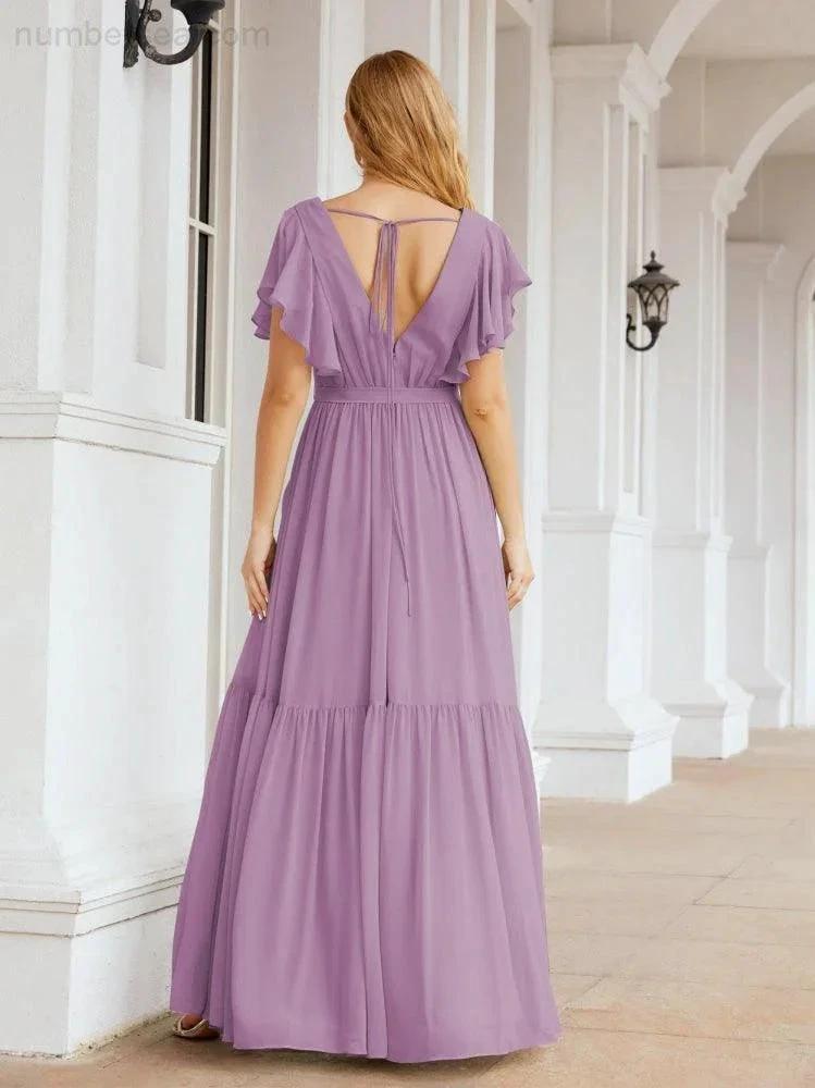 Numbersea Women's Open Back Formal Evening Party Prom Gowns V-Neck Long Chiffon Bridesmaid Dresses with Waist Belt 28038