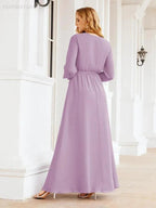 Sunnderly Women's Chiffon Bridesmaid Dress A line Long Sleeves Formal Evening Prom Gown for Wedding Guest SY28032